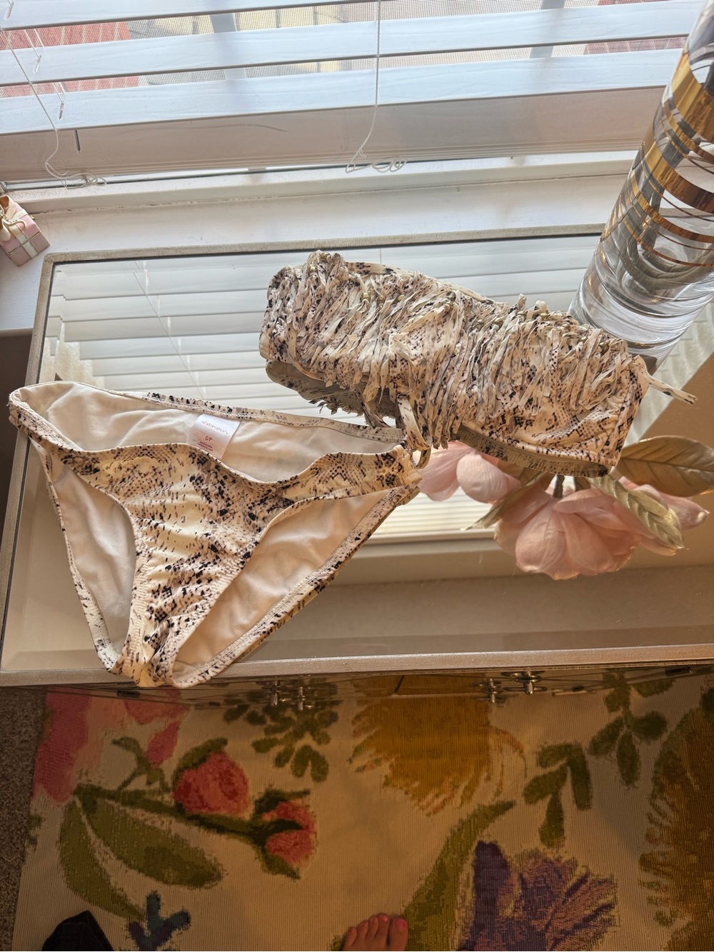 Snake Print Bandeau Bikini Set in Cream and Black